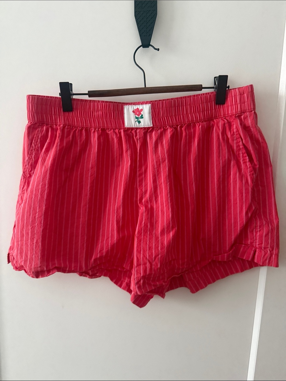 MATCHING SET—Red and Pink Pinstripe Oversized Button Down and Elastic Shorts